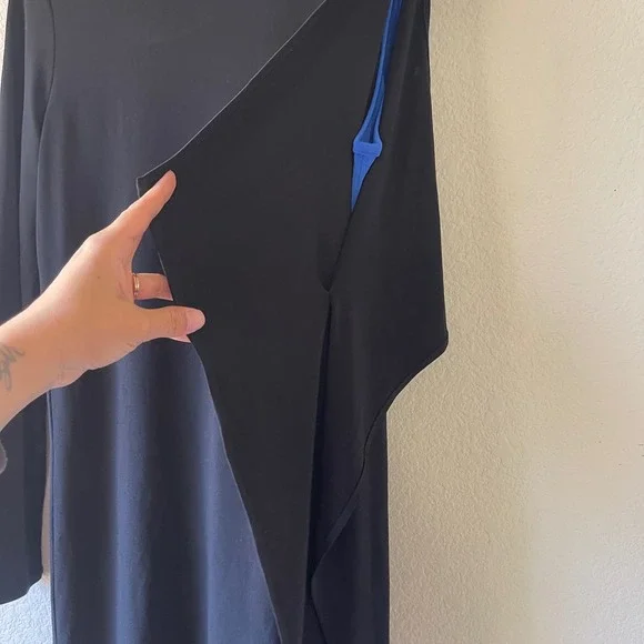Max Mara Black Cobalt Blue Asymmetric Long Sleeve Draped Cotton Dress Large - Picture 5 of 6
